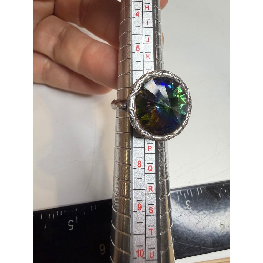 Rainbow Mystic Topaz Style Faceted Cocktail Ring Silver Tone Size 6.5 Statement